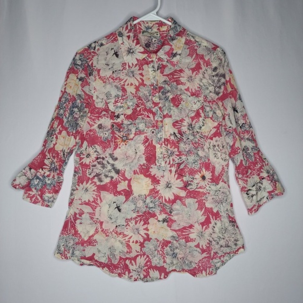 Magazine Gauze Button Shirt‎ Women Medium Muted Red Floral 3/4 Coastal Cowgirl